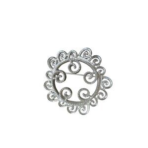 Vintage Sarah Coventry Round Open Ornate Filigree Silver Tone Brooch Pin